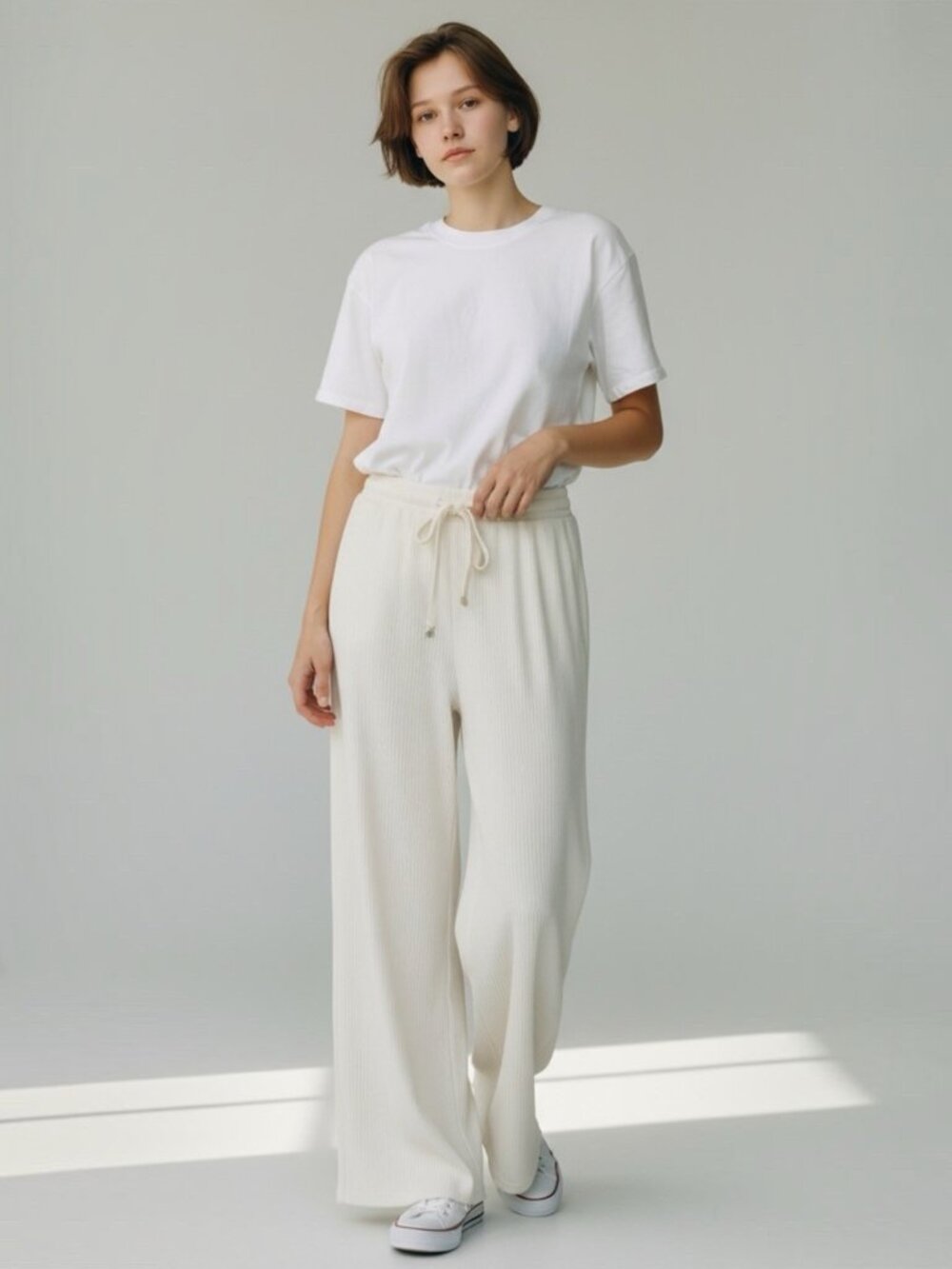 Women Ribbed Loungewear Pants Straight Leg White SZ P S Drawstring Elastic Waist